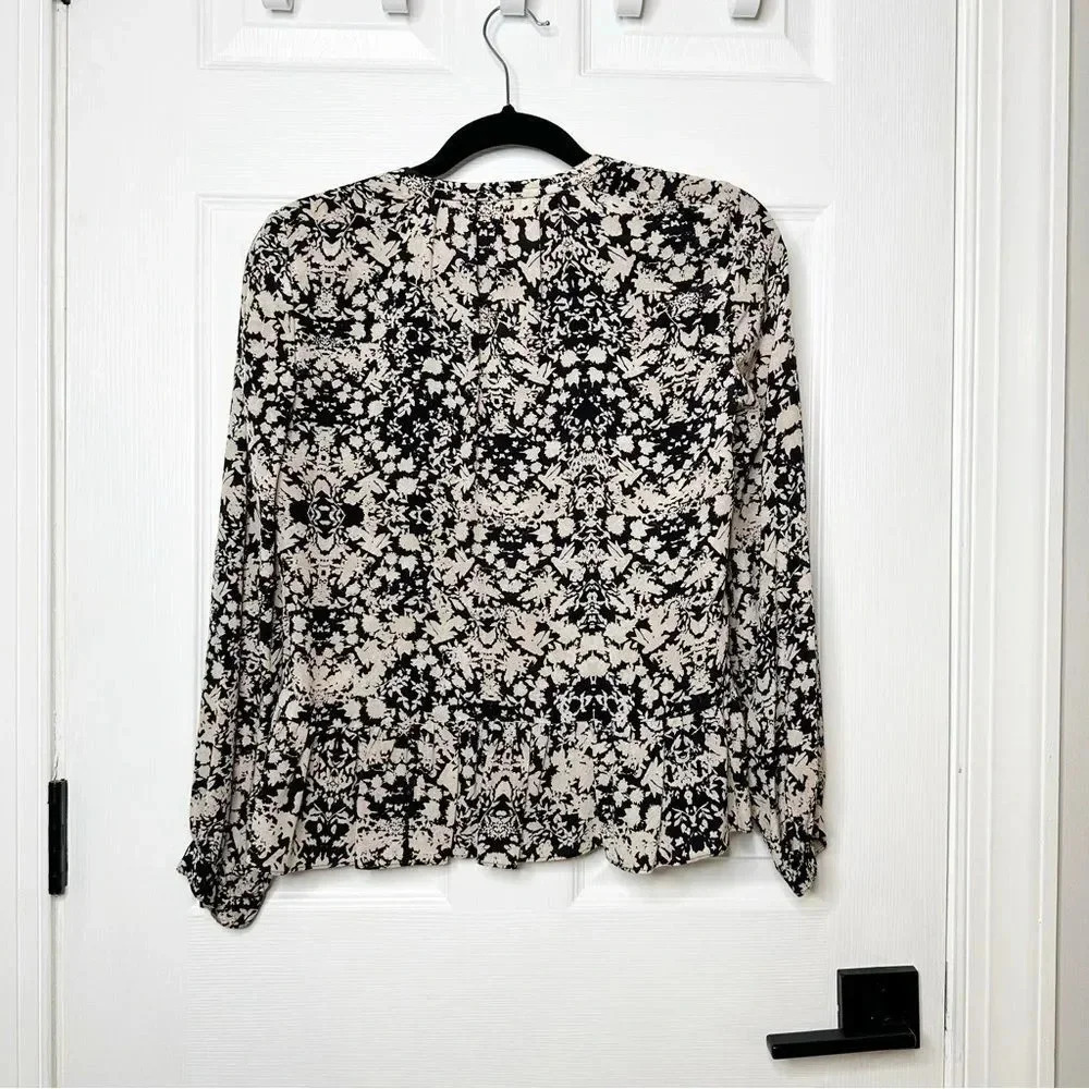 REBECCA TAYLOR 100% Silk Cream Black‎ Floral Print Blouse Peplum Size 0 - Picture 7 of 8